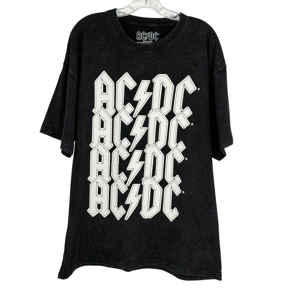 AC/DC‎ T-Shirt Black Mineral Wash Stacked Logo Graphic Tee XL